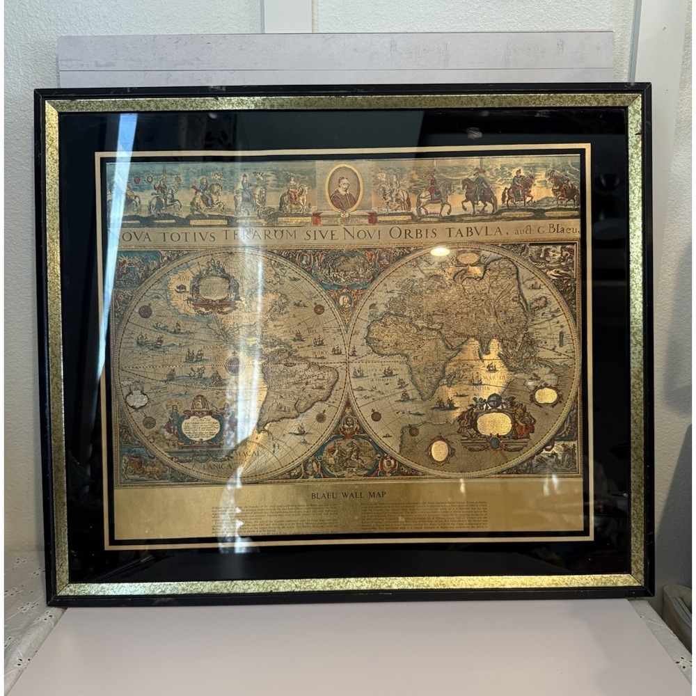 Vintage Kafka Industries Blaeu World Map Gold Foil Framed Wall Art Made USA